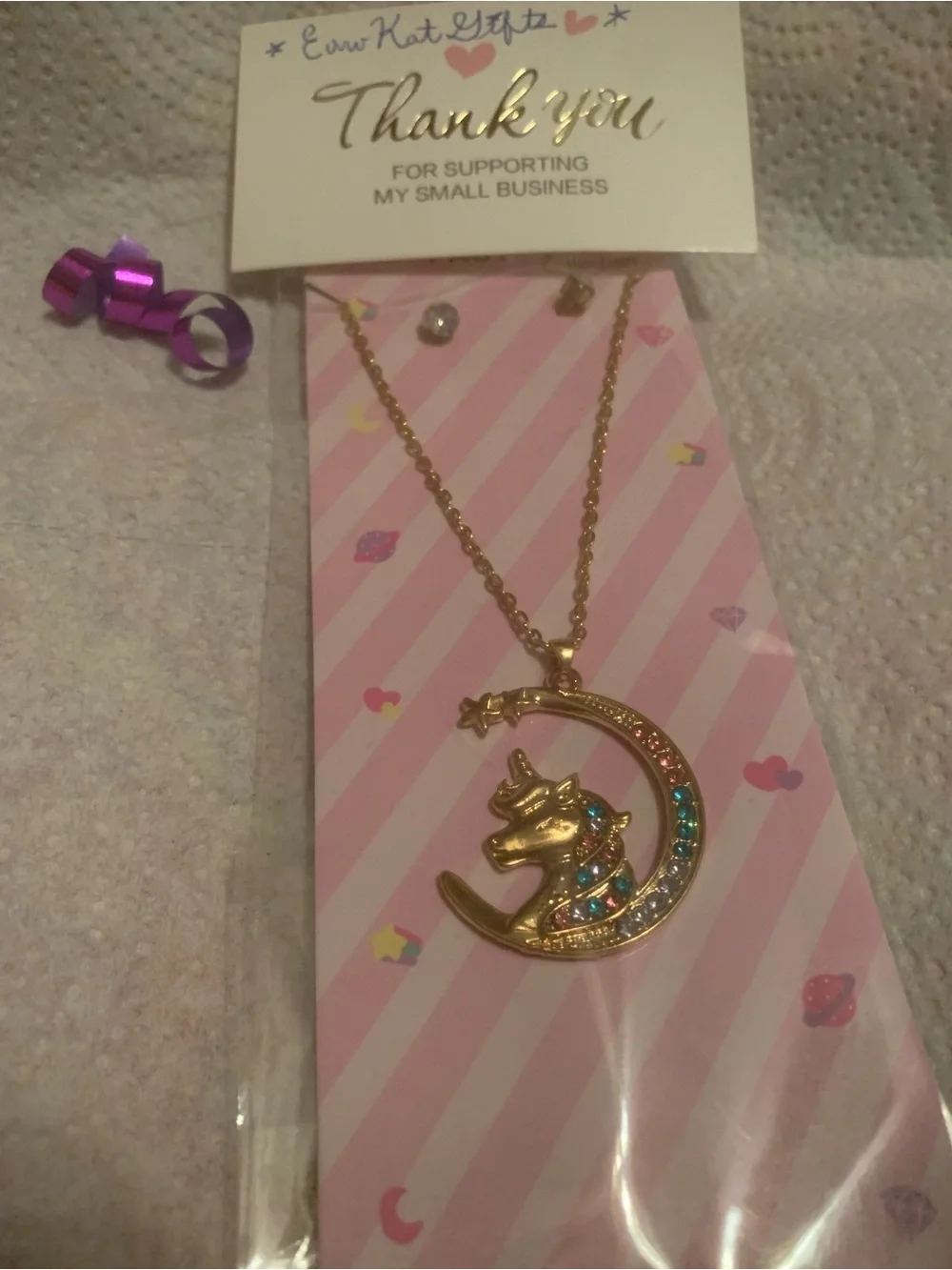 Private Label Gold Unicorn Moon Pendant Necklace Earring Set Pink Blue Crystals